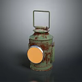 Green Rusted Old Lantern With Round Yellow Light Panel Square Handle And Dark Background Reflection 3d model