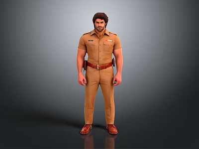 Man Standing in Brown Uniform with Short Sleeved Shirt Leather Belt and Pants 3d model