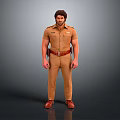 Man Standing in Brown Uniform with Short Sleeved Shirt Leather Belt and Pants