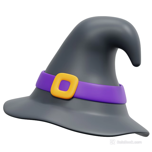 Classic Black Witch Hat with Purple Belt and Yellow Square Buckle 3d model 