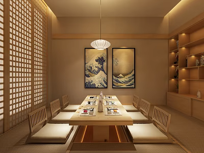 Japanese Style Private Room With Long Wooden Table Tatami Mats Lattice Screens And Decorative Paintings 3d model