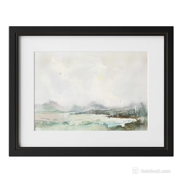 Black Picture Frame Featuring Watercolor Landscape Painting With Mountains And Sky 3d model 
