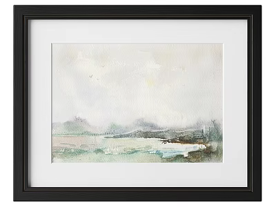 Black Picture Frame Featuring Watercolor Landscape Painting With Mountains And Sky 3d model