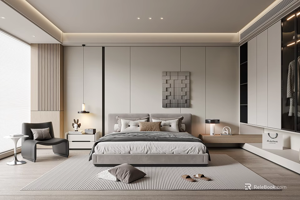 Modern Bedroom Interior Design With Bed Decorative Painting Nightstand Chair Wardrobe And Rug 3d model 