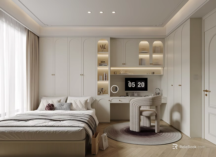 Cozy Tatami Bedroom Interior With Built-in Cabinets Bookshelves Desk Chair And Rug 3d model 