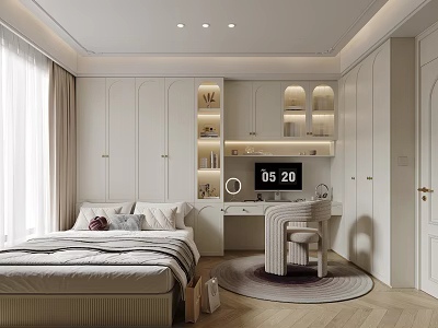 Cozy Tatami Bedroom Interior With Built-in Cabinets Bookshelves Desk Chair And Rug 3d model
