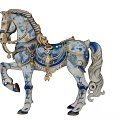 Ornate Blue And White Horse Sculpture With Decorative Saddle And Tassels