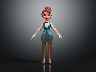 3D Animated Character With Red Hair Green Eyes Green Vest White Gloves And Gray Skirt 3d model