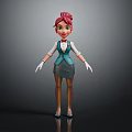 3D Animated Character With Red Hair Green Eyes Green Vest White Gloves And Gray Skirt