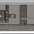 Modern Shoe Cabinet With White Dark Panels Open Shelves Mirror Shoe Bench And Green Plant