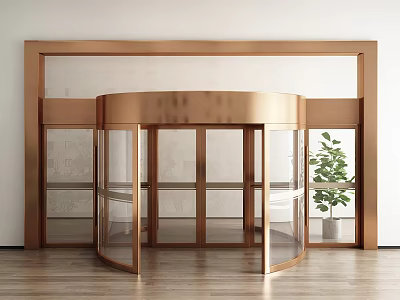 Brass Frame Revolving Door With Glass Panels Wooden Floor And Green Plant 3d model