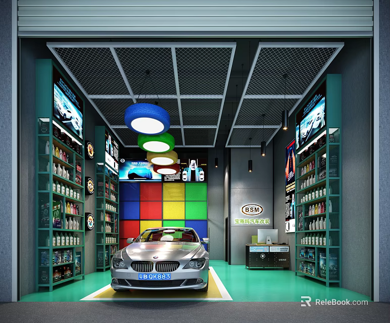Car 4S Shop Interior With Silver Car Colorful Grid Wall Shelves And Hanging Lights 3d model 