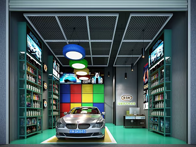 Car 4S Shop Interior With Silver Car Colorful Grid Wall Shelves And Hanging Lights 3d model