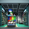 Car 4S Shop Interior With Silver Car Colorful Grid Wall Shelves And Hanging Lights