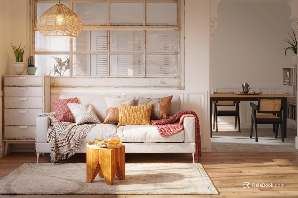 Cozy Two Seater Sofa With Colorful Cushions Throw Blanket Wooden Side Table And Woven Pendant Light 3d model 