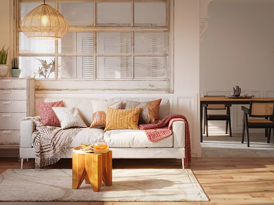 Cozy Two Seater Sofa With Colorful Cushions Throw Blanket Wooden Side Table And Woven Pendant Light 3d model
