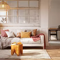 Cozy Two Seater Sofa With Colorful Cushions Throw Blanket Wooden Side Table And Woven Pendant Light