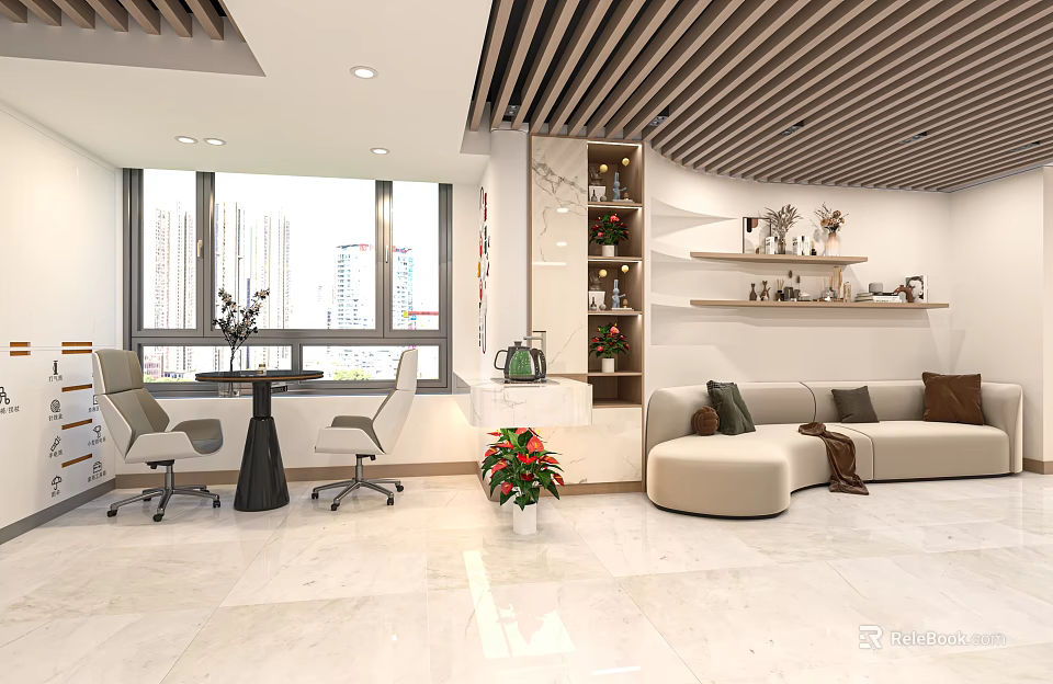 Stylish Modern Indoor Space With Beige Sofa Study Table Chairs And Decorative Plants 3d model 