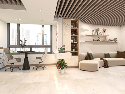 Stylish Modern Indoor Space With Beige Sofa Study Table Chairs And Decorative Plants 3d model