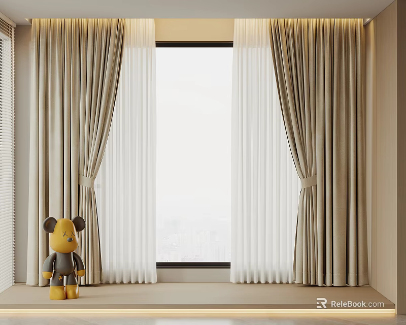 Double Layer Beige Thick Curtains With White Sheer And City View Window Decor 3d model 