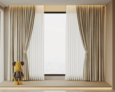 Double Layer Beige Thick Curtains With White Sheer And City View Window Decor 3d model