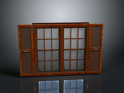 Traditional Wooden Window With Shutter Panels And Glass Grid Design 3d model