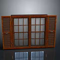 Traditional Wooden Window With Shutter Panels And Glass Grid Design