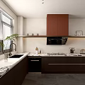 Modern Kitchen Interior With Dark Cabinets Countertop Window And Appliances