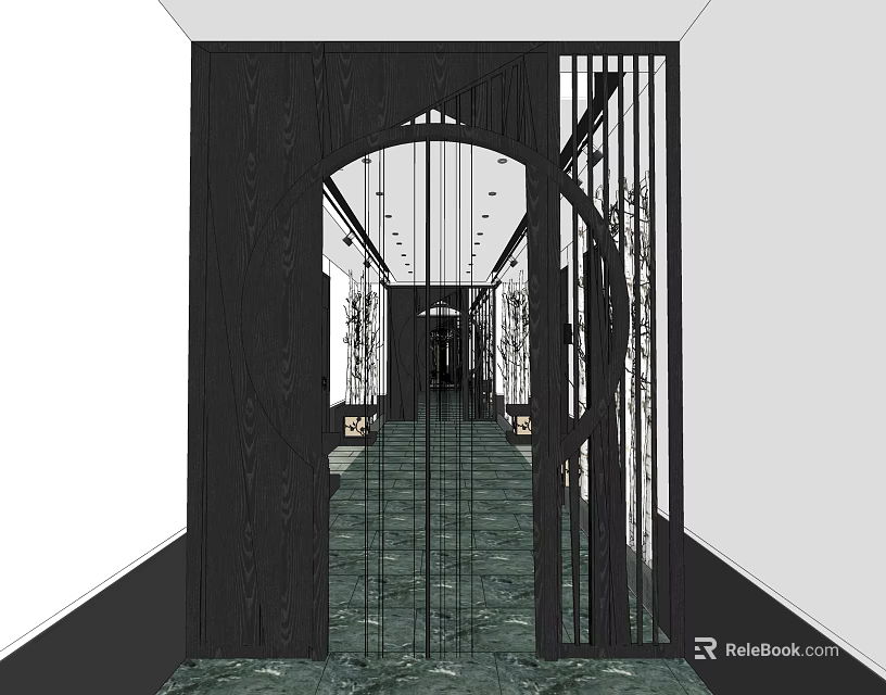 Elevator Hallway Design With Arched Doorway Wooden Structure Metal Grille And Green Marble Flooring 3d model 