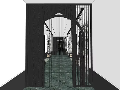 Elevator Hallway Design With Arched Doorway Wooden Structure Metal Grille And Green Marble Flooring 3d model