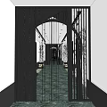 Elevator Hallway Design With Arched Doorway Wooden Structure Metal Grille And Green Marble Flooring
