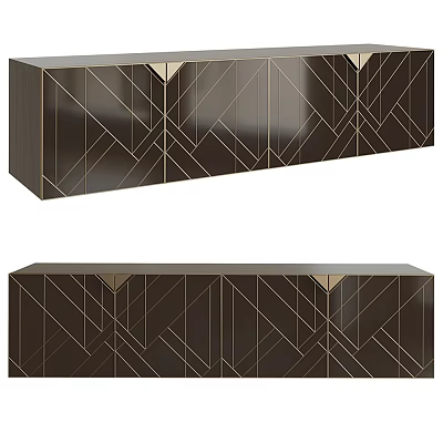 Modern Dark TV Stand Featuring Golden Geometric Patterns And Metal Accents 3d model