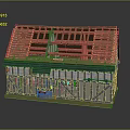 Timber Frame Building Model Featuring Exposed Roof Trusses Blue Framework And Windows 3d model
