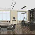 Modern Spacious Office Interior With Sofa Desk Chairs Blinds Pendant Light And Wooden Flooring