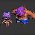Cute Purple Cartoon Characters Big And Small With Green Eyes Blue Shorts And Yellow Dress