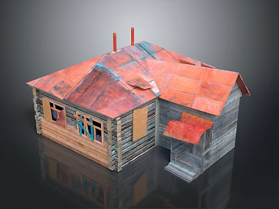 Small Wooden Cabin Model With Red Roof Two Chimneys Wooden Walls Windows And Porch 3d model