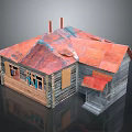 Small Wooden Cabin Model With Red Roof Two Chimneys Wooden Walls Windows And Porch