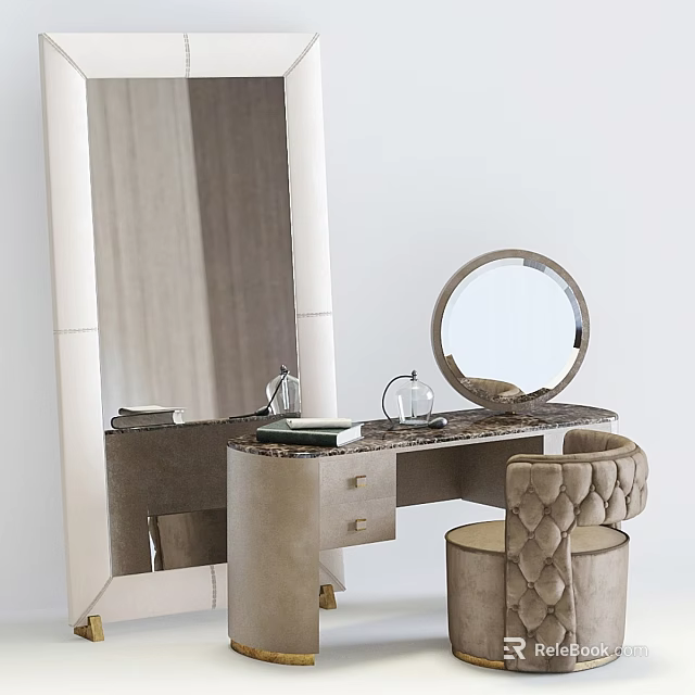 Elegant Modern Dressing Table Design With Marble Top Round Mirror And Tufted Stool Drawers 3d model 
