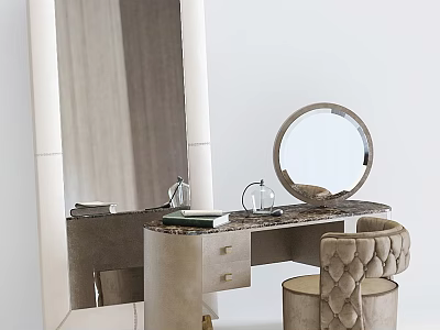 Elegant Modern Dressing Table Design With Marble Top Round Mirror And Tufted Stool Drawers 3d model