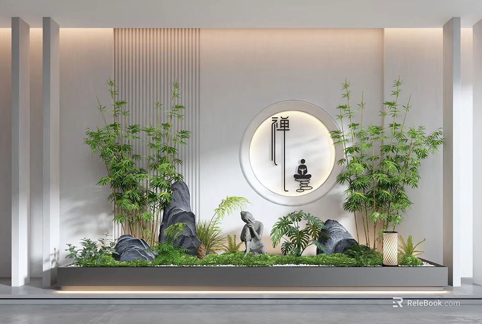 Zen Style Garden Decor With Bamboo Rocks Circular Ornament Green Plants And Serene Layout 3d model 