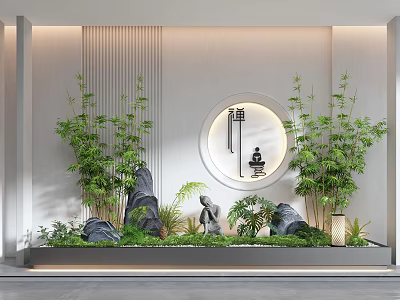 Zen Style Garden Decor With Bamboo Rocks Circular Ornament Green Plants And Serene Layout 3d model