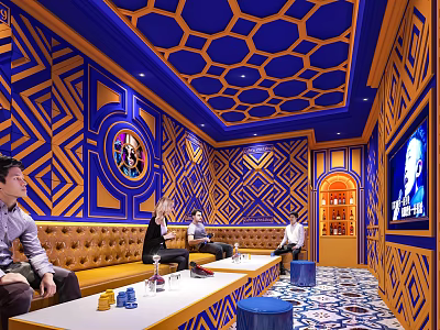 KTV Interior With Blue And Orange Geometric Patterns Sofa TV And Group Gathering Area 3d model