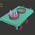 Cart With Green Checkered Cloth Red Cones Granular Substance Red Wheels Green Lights