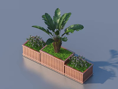 Garden Decorative Piece With Wooden Planter Boxes Large Green Plant Small Flowers And Grass 3d model