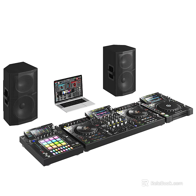 Professional Headphones And Speakers With DJ Mixing Gear Laptop Audio Setup 3d model 
