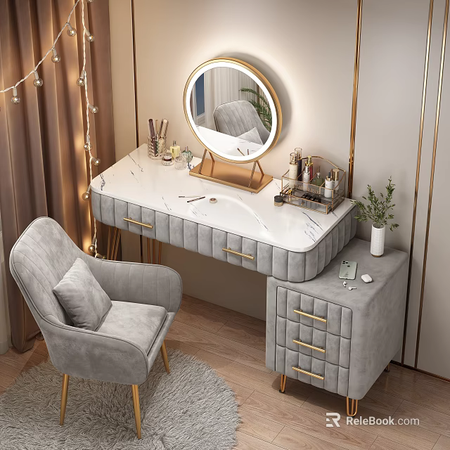 Elegant Modern Dressing Table With Marble Top Gold Handles Round Mirror And Gray Chair 3d model 