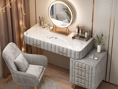 Elegant Modern Dressing Table With Marble Top Gold Handles Round Mirror And Gray Chair 3d model