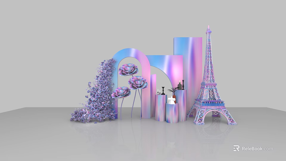 Dreamy Photo Spot With Purple Flowers Arched Decor And Shiny Eiffel Tower 3d model 