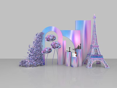 Dreamy Photo Spot With Purple Flowers Arched Decor And Shiny Eiffel Tower 3d model