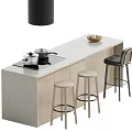 Modern Kitchen Bar Counter with Light Gray Countertop Three Wooden Metal Stools and Pans